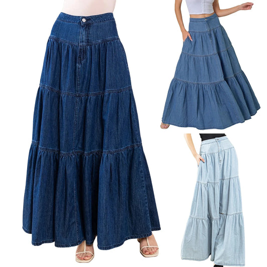 2025 New Fashion Women's Denim Long Skirt Stylish Solid High Waist A-Line Jean Skirt for Summer & Spring GlowCart