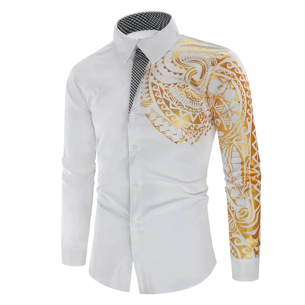 Men's White Long-sleeved Shirt with Gold Print Decoration, GlowCart