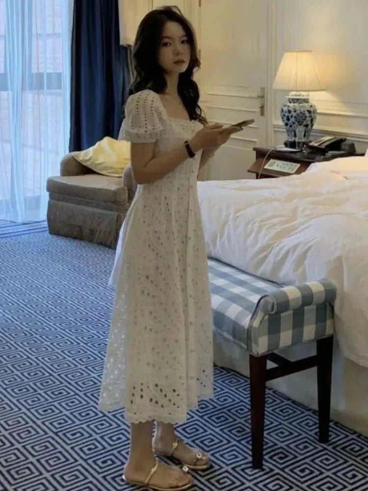 Korean Chic White Midi Dress Women French Hollow Out Sexy GlowCart