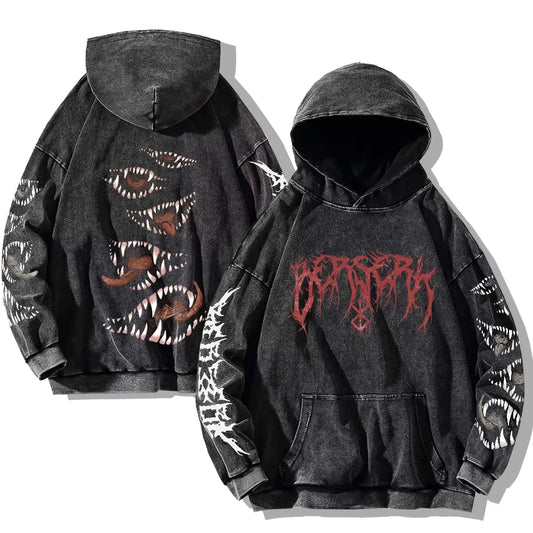 Gothic Vintage Washed Hoodies Teeth Funny Printed