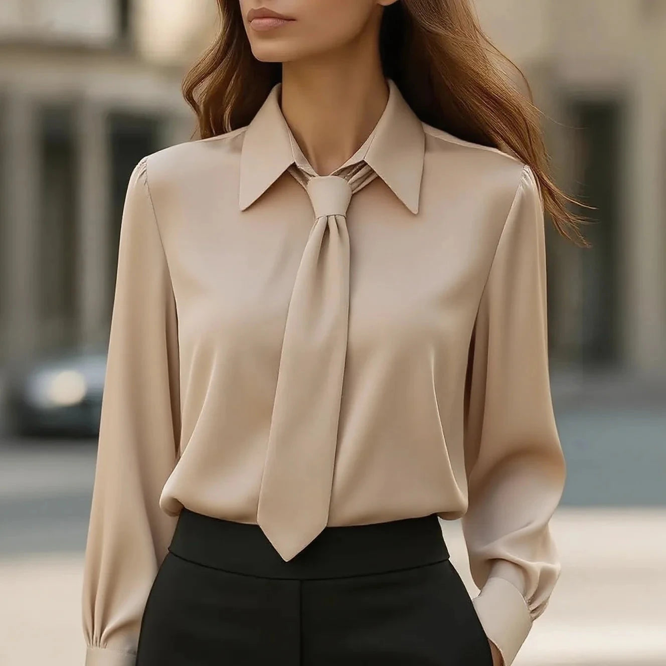Women's Solid Color Satin Tie Long Sleeve Casual Shirt Work GlowCart