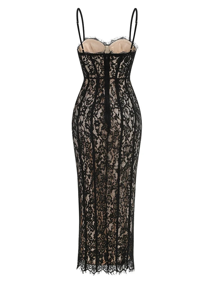 Sexy Spaghetti Strap V Neck Lace Long Dress Women Black GlowCart