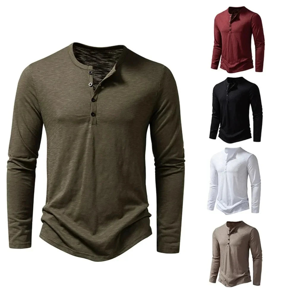 Autumn New Men's Cotton Button Long Sleeve  Henley Neck GlowCart