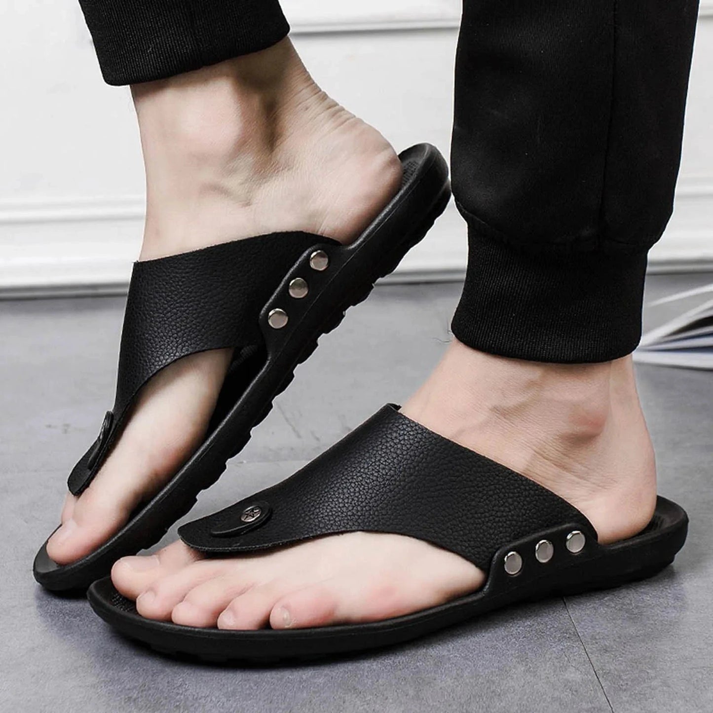 Men'S Summer Beach Sandals Slippers Fashion Non-Slip Flip Flops Travel Breathable Flat Shoes Pu Outdoor Flip Flops GlowCart
