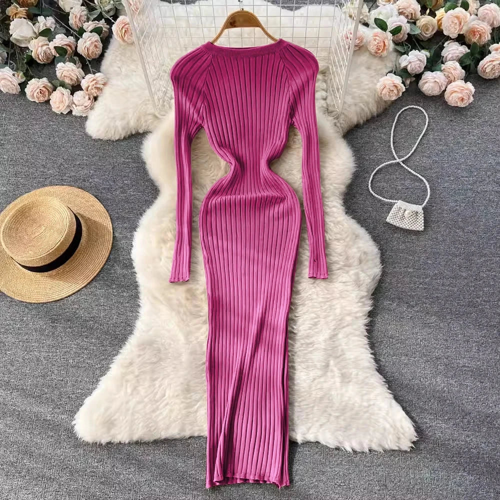 SINGREINY Winter Women Knit Maxi Dress O Neck Autumn Long GlowCart