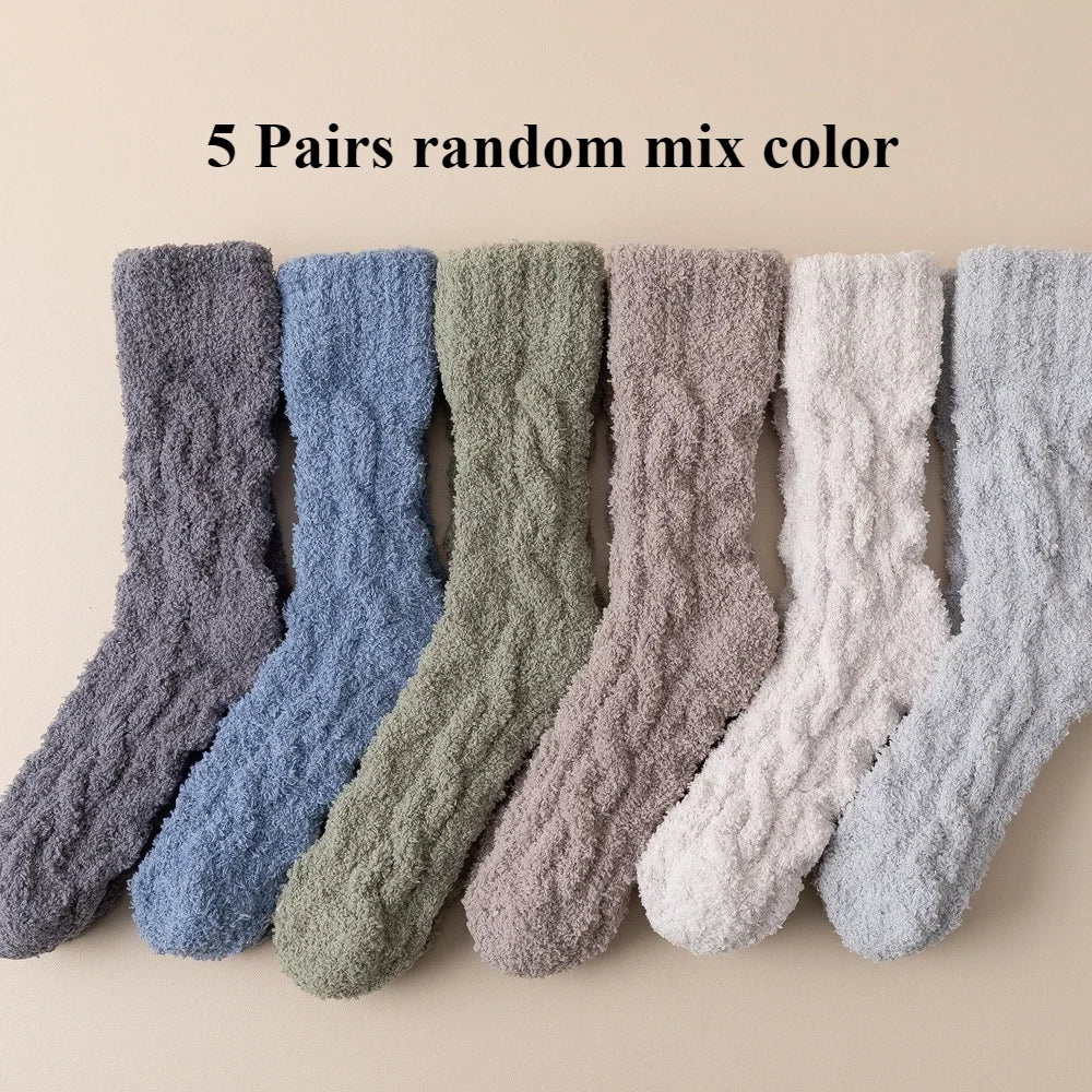 5 Pairs Thick Warm Winter Socks Men Coral Fleece Thermal High Quality Middle Tube Cozy Fluffy Sleeping Socks GlowCart