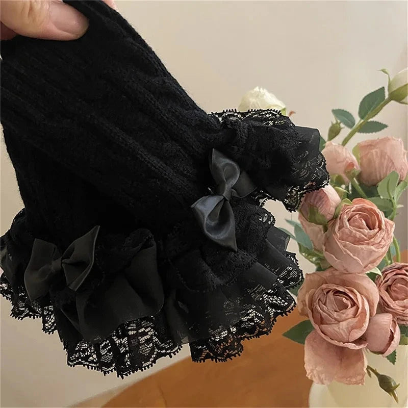 Women s Winter Warm Knit Arm Sleeves with Delicate Lace Trim GlowCart