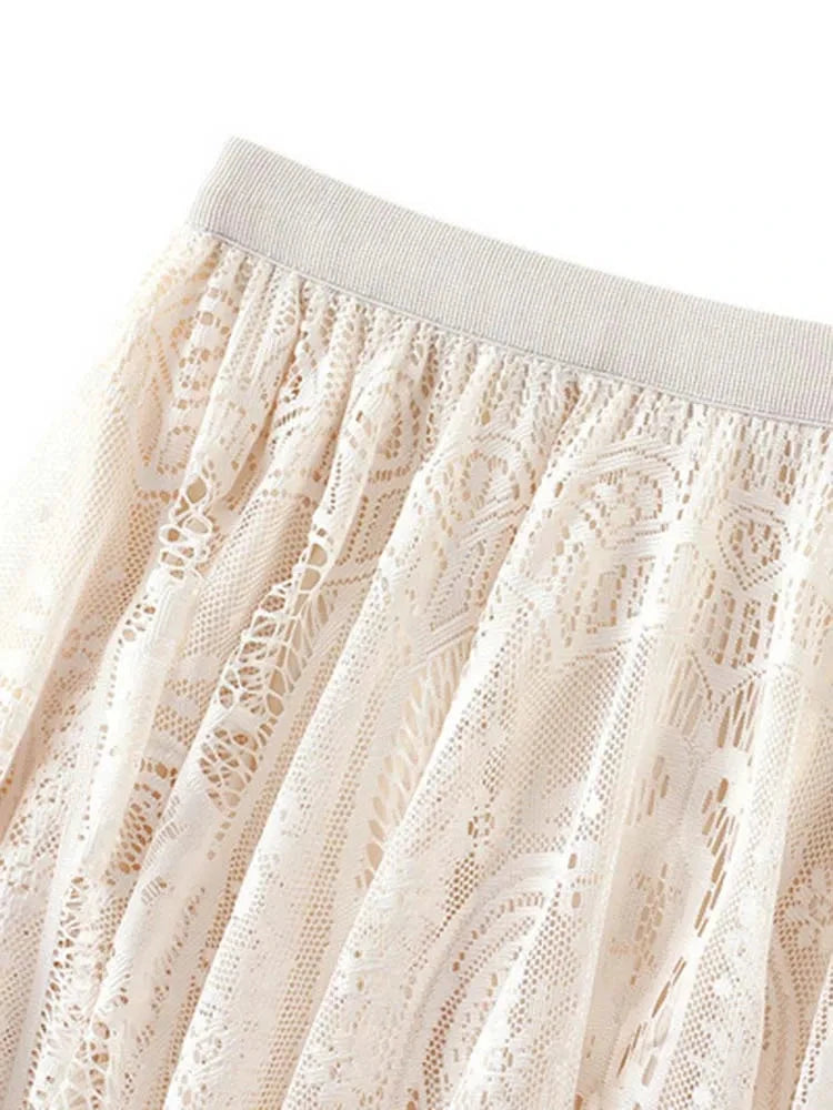 Spring Summer Women Lace Skirts Solid High Waist Elastic Vintage Elegant Office Ladies White Black Chic Long Skirts Jupe Longue GlowCart