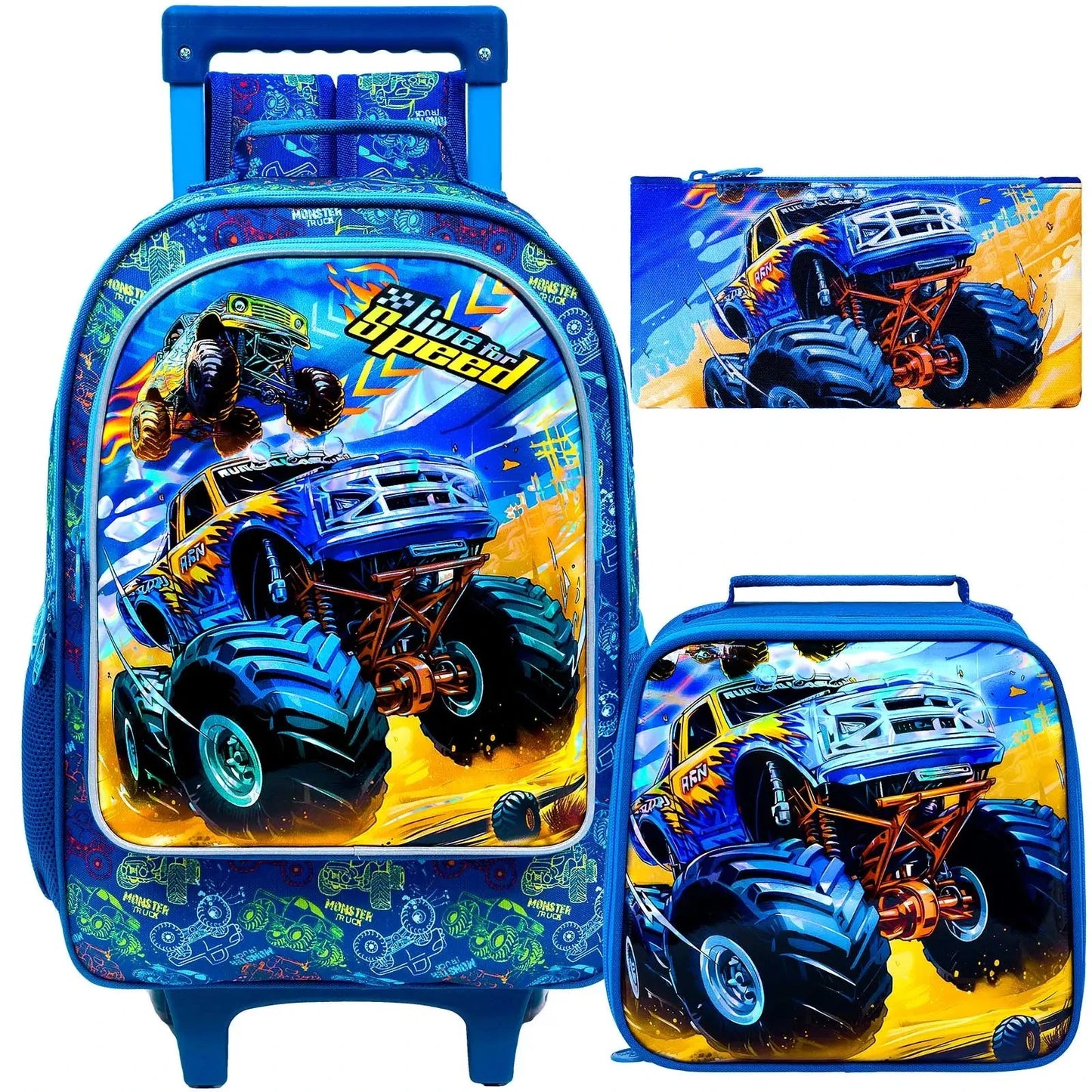 3PCS Rolling Backpack for Girls and Boys， Kids Race Wheeled Bookbag GlowCart