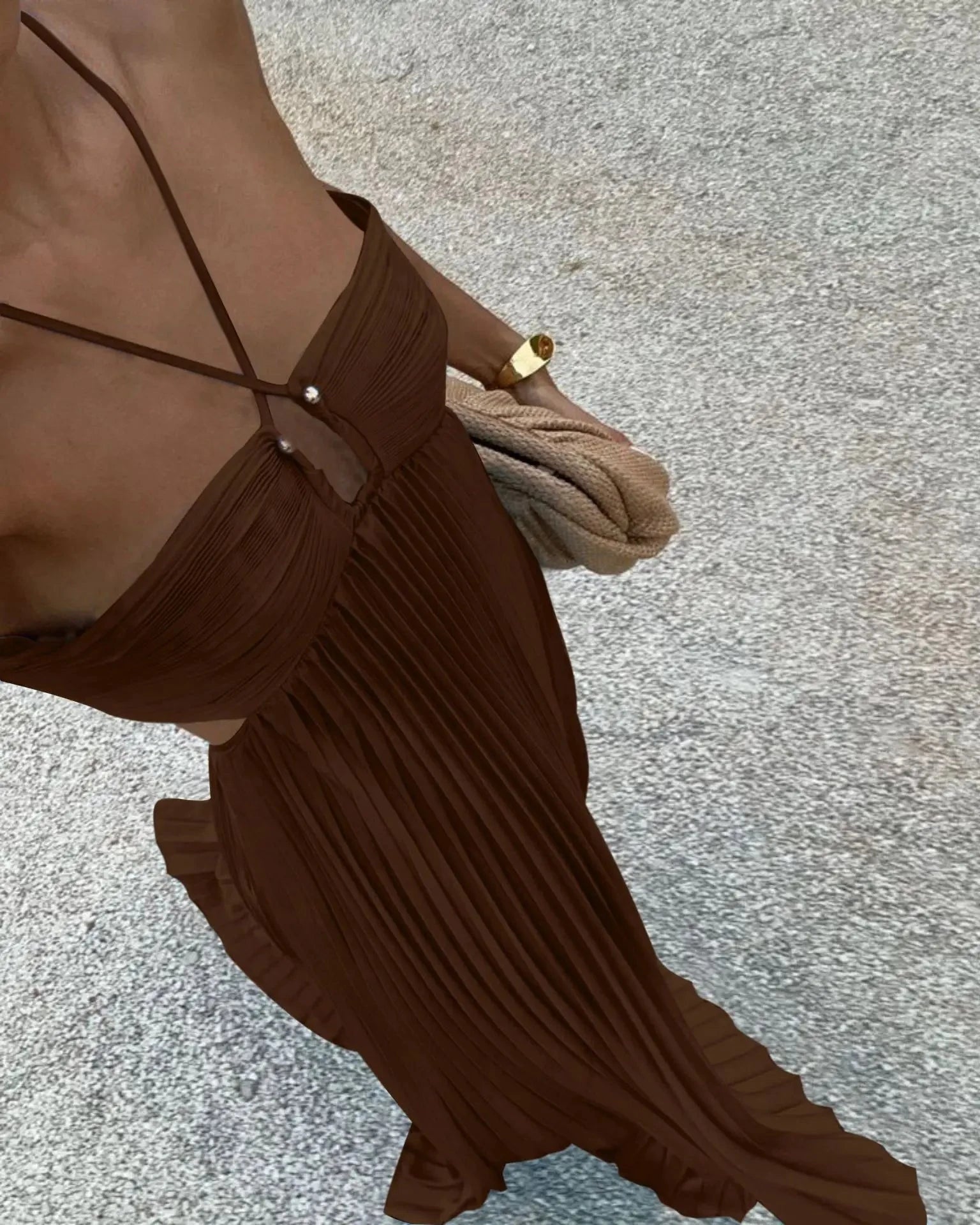 2025 High Waist Pleats Robe Dress Casual Sleeveless Solid GlowCart