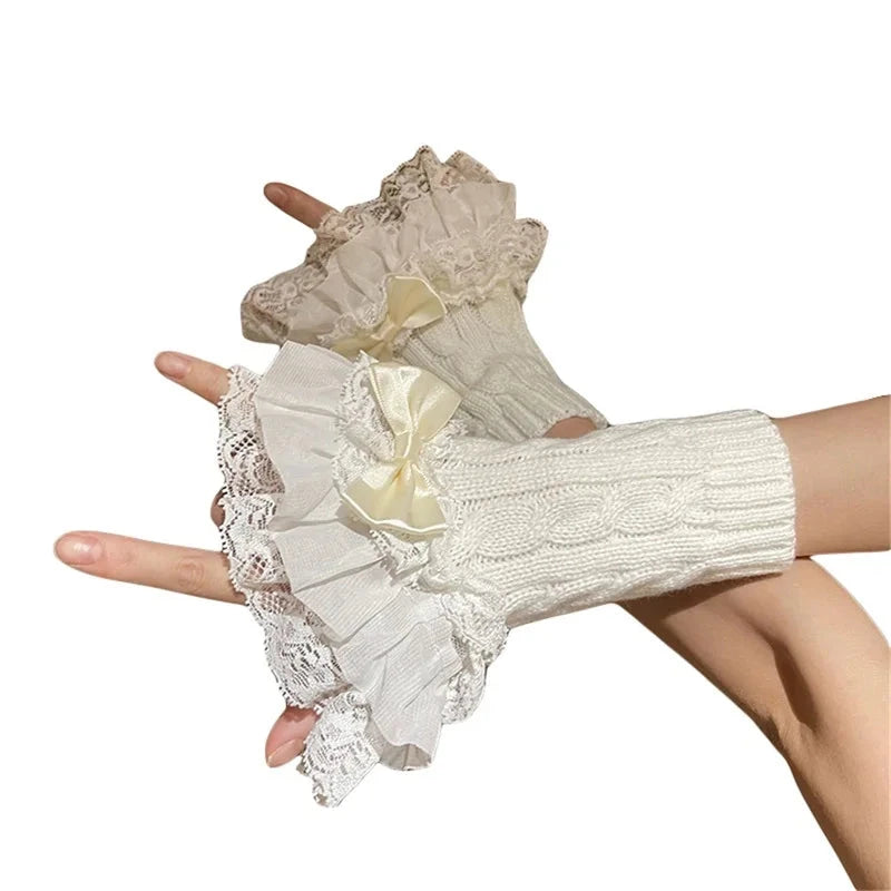 Women s Winter Warm Knit Arm Sleeves with Delicate Lace Trim GlowCart