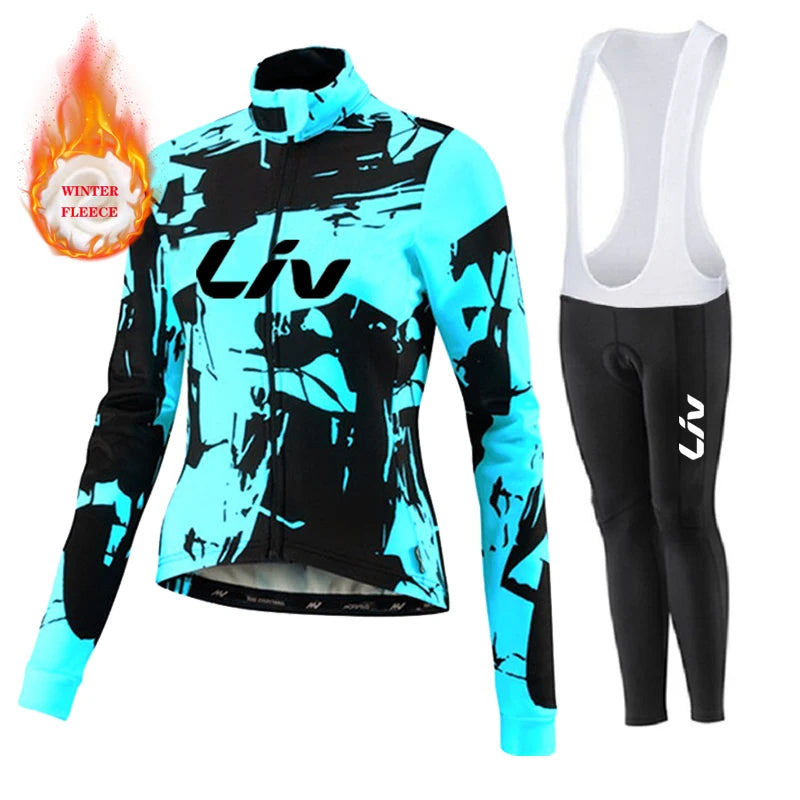 Liv Women Team Winter Fleece Long Sleeve Cycling Jersey Set Mountian Bicycle Clothes Wear Ropa Ciclismo Racing Bike Jersey Suit GlowCart