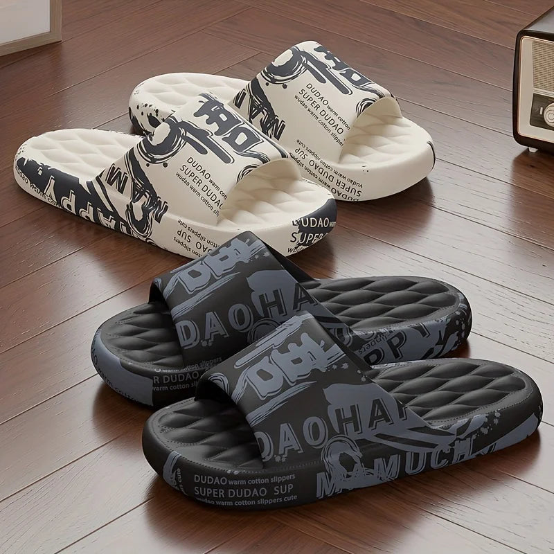 Plus Size 48-49 Graffiti Men Slippers Sole EVA Indoor Open Toe Flip Flops Beach Slides Flat Sandals Printing Cartoon Slides GlowCart