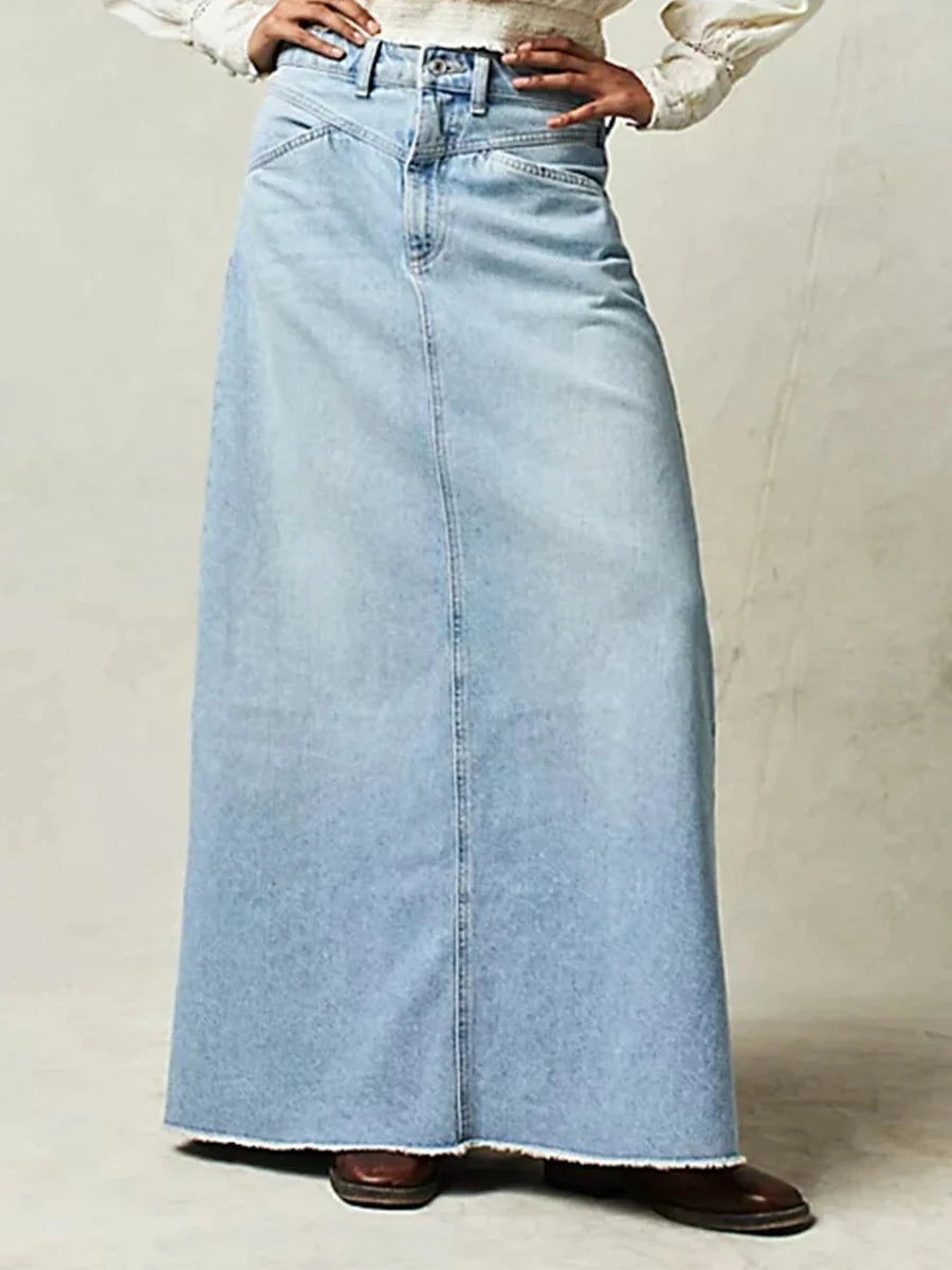 Women Y2K Vintage Denim Maxi Skirt High Waist A-Line Frayed Hem Loose Long Jean Skirt OOTD Streetwear GlowCart