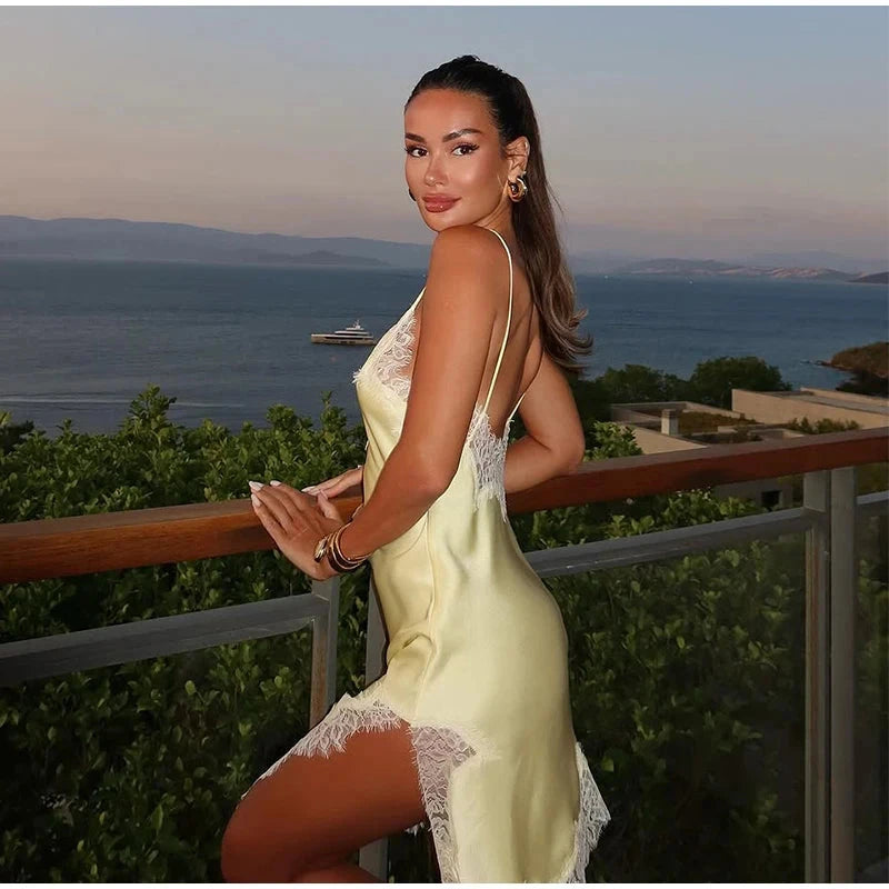 Sexy Lace Patchwork Sling Dress Women Satin Off-shoulder GlowCart