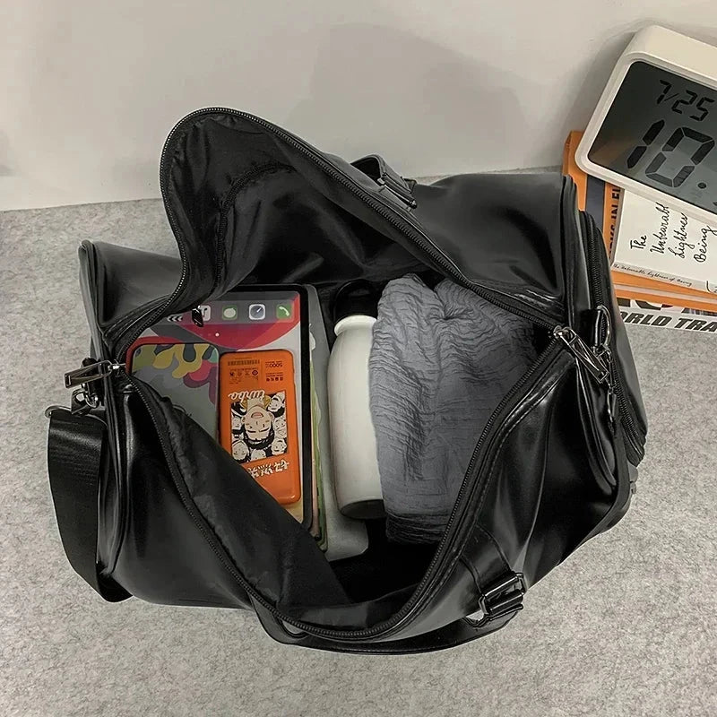 Minimalist Black PU Leather Travel Duffel Bag for Men Water GlowCart