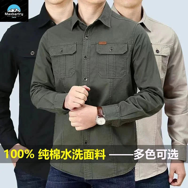 High-quality washed cotton shirt men's long-sleeved lapel GlowCart