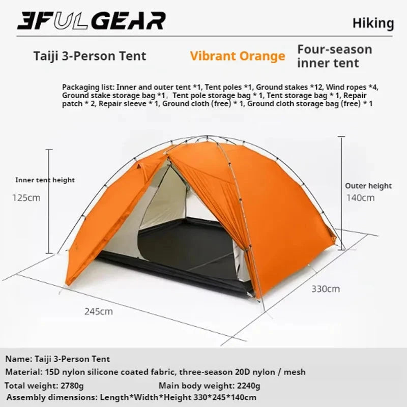 3F UL GEAR Taiji3 Camping Tent Nylon 3 Multi-Person Portable GlowCart
