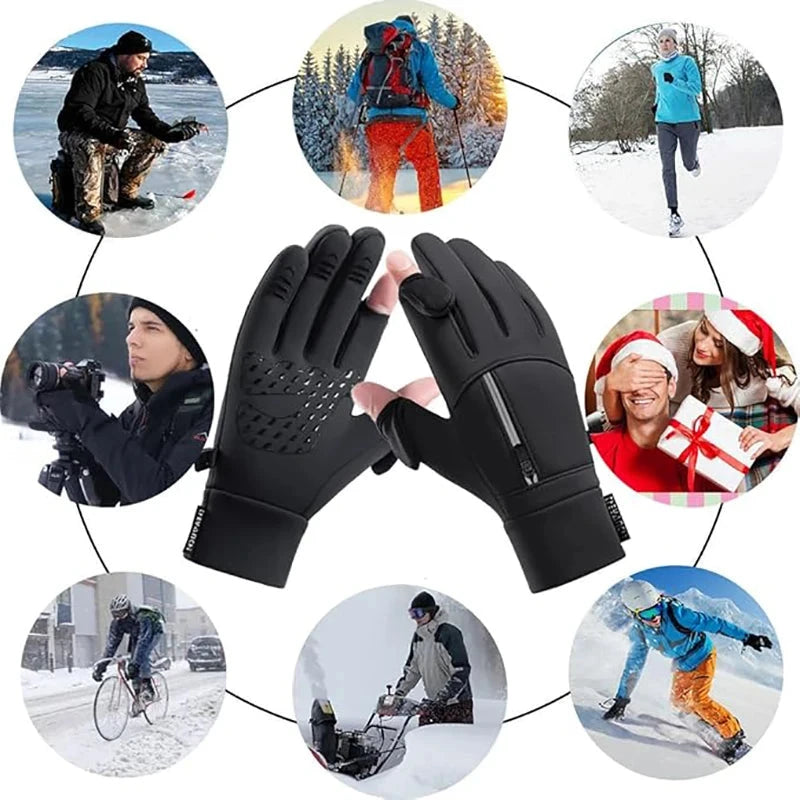 MuqiNush Winter Men's Warm Gloves Flip Cover Exposed Two Fingers Windproof Touch Screen Outdoor Sports Skiing Running Fishing GlowCart