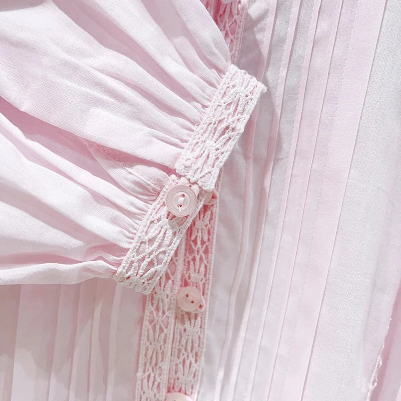 pink Women Hollow Out Lace Long Sleeve shirt 100% cotton GlowCart