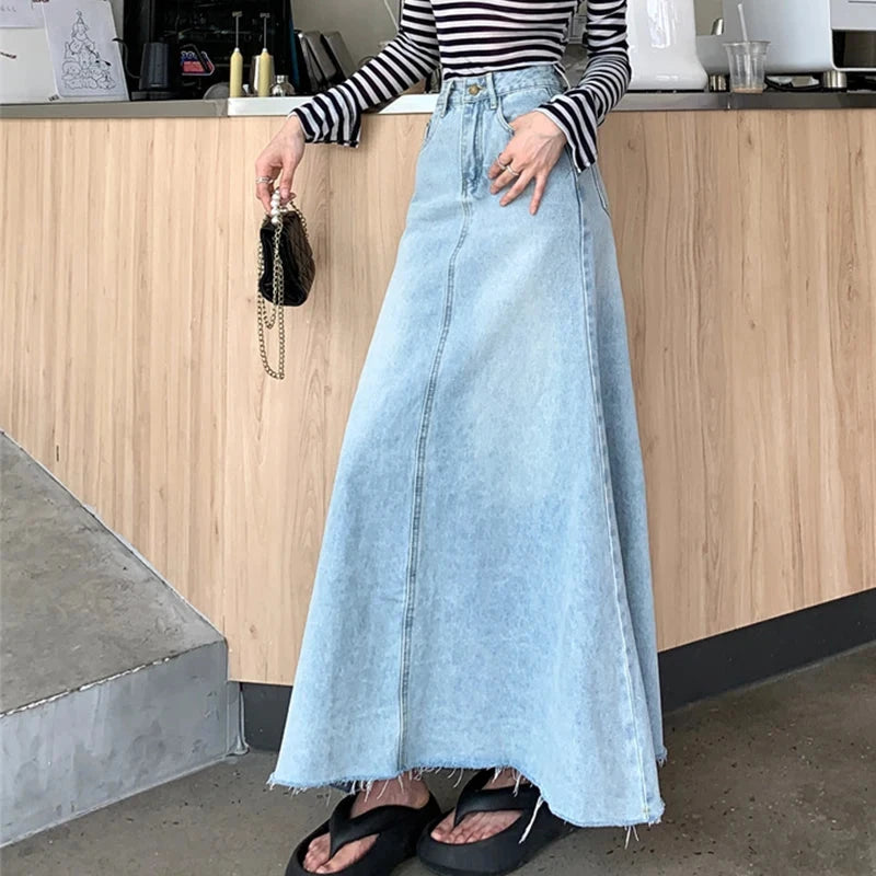 Autumn 2025 High Waist A-Line Denim Skirt for Women Y2K Style with Raw Hem Flared Maxi Bodycon Trend Retro GlowCart