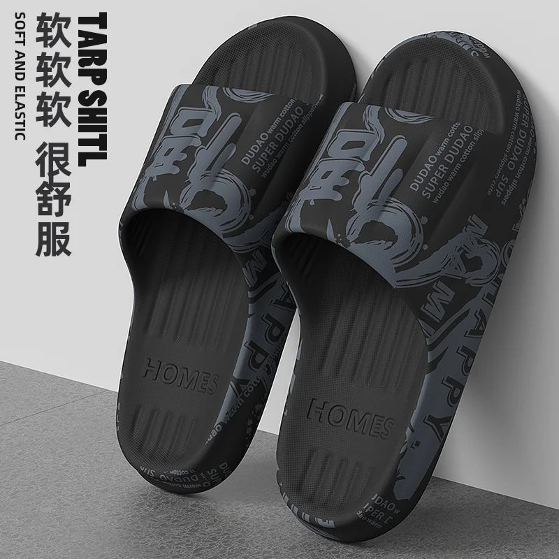 Summer Plus Size 48-49 Graffiti Bear Print Men Slippers Home Flip Flops Thick Couple Women Beach Shoes Sandals GlowCart