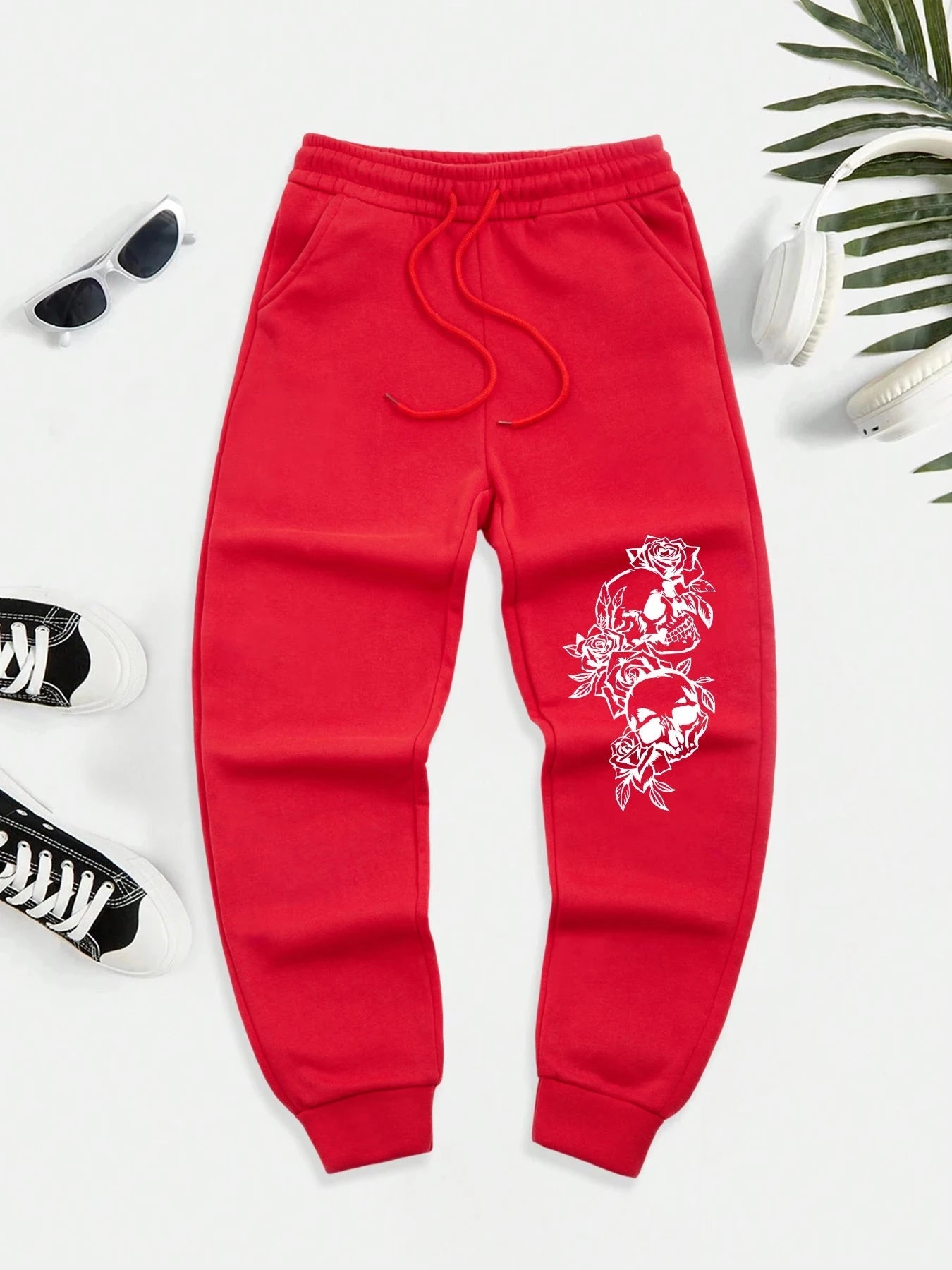 Skeleton Surrounded By Roses Printed Warm Men Long Pant GlowCart