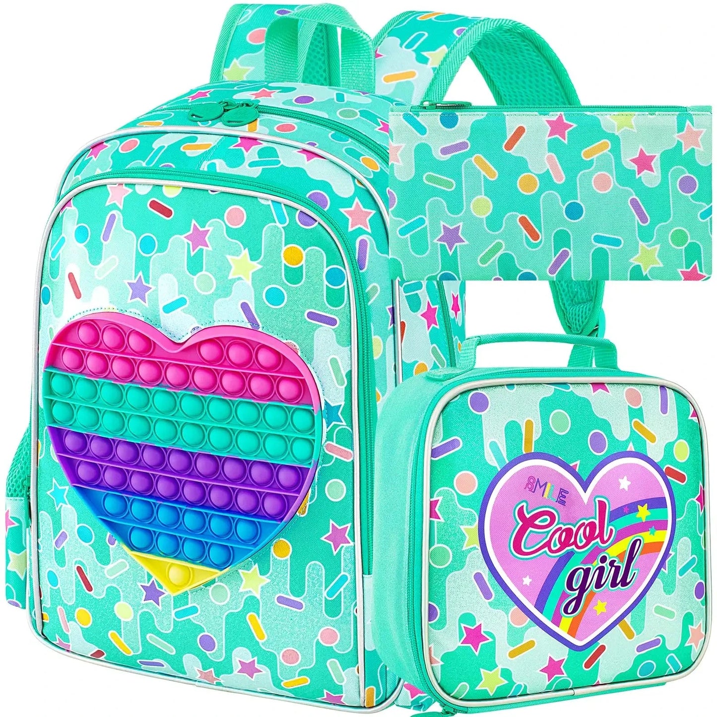 3PCS  Backpack for Girls, 16" Kids Backpacks with Lunch Box, Water Resistant Girl Bookbag for School Elementary GlowCart