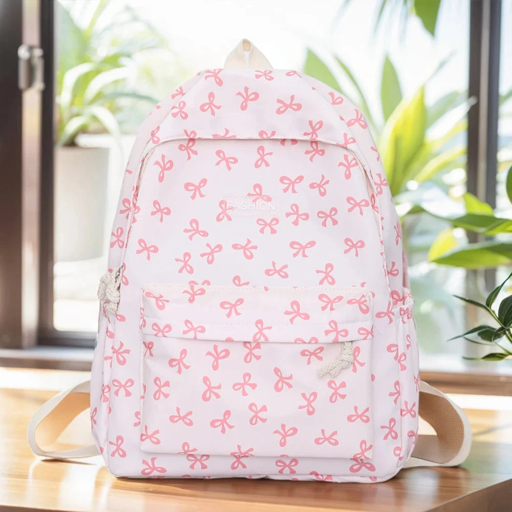Nylon Student Backpack Bow Printed for Girls Women Schoolbag GlowCart
