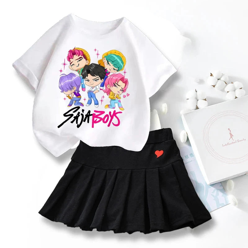 New K Pop Demon Hunters T-shirts Skirt Set Kawaii Cartoon Graphic T-shirt Kids Casual Short Sleeves Tops Summer Girl Clothes GlowCart