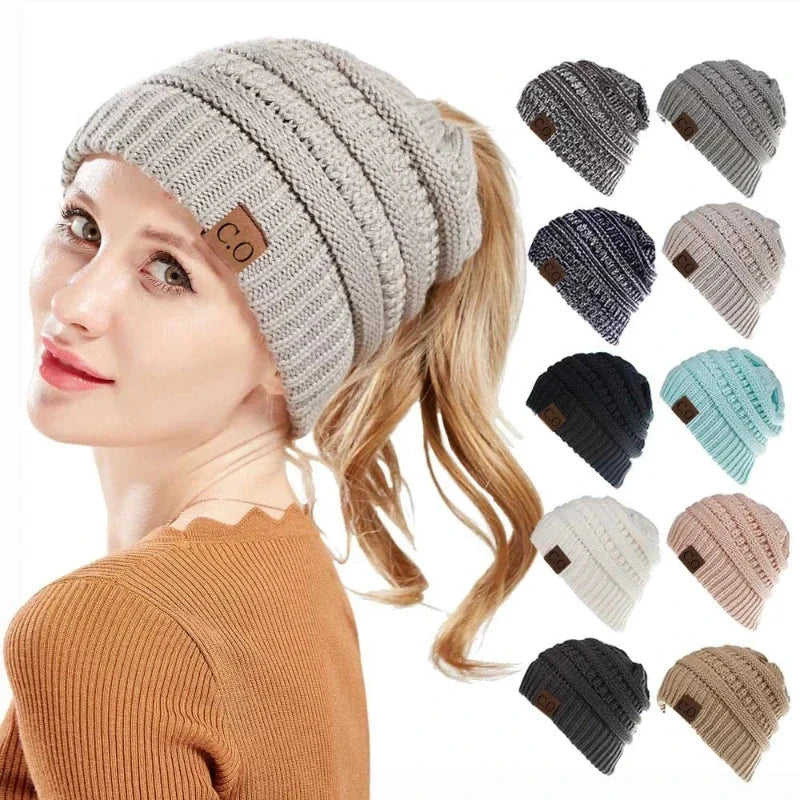 Women Winter Knit Ponytail Hats Warm Messy High Bun Autumn GlowCart