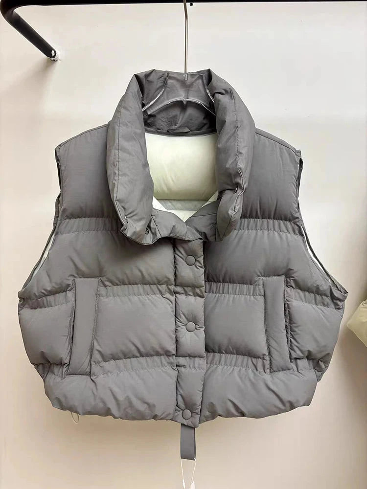Autumn Winter Solid Stand Collar Puff Down Vest Women White GlowCart