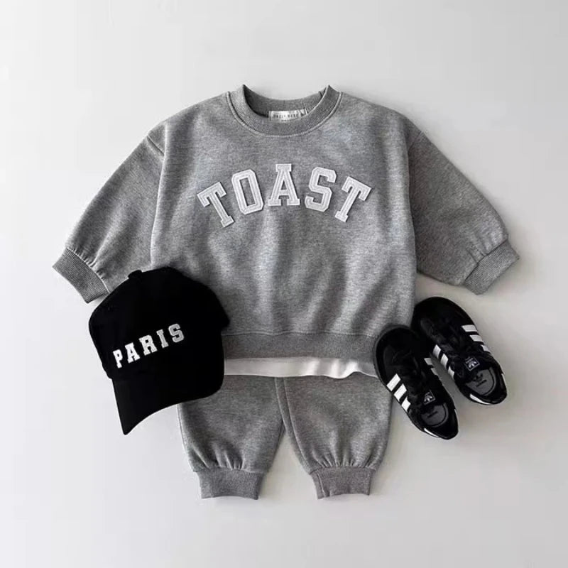 TZ2709 Korean Style Kids' Spring Autumn Casual Sports Outfit for Boys And Girls American Letter Hoodie And Pants Two-Piece Set GlowCart
