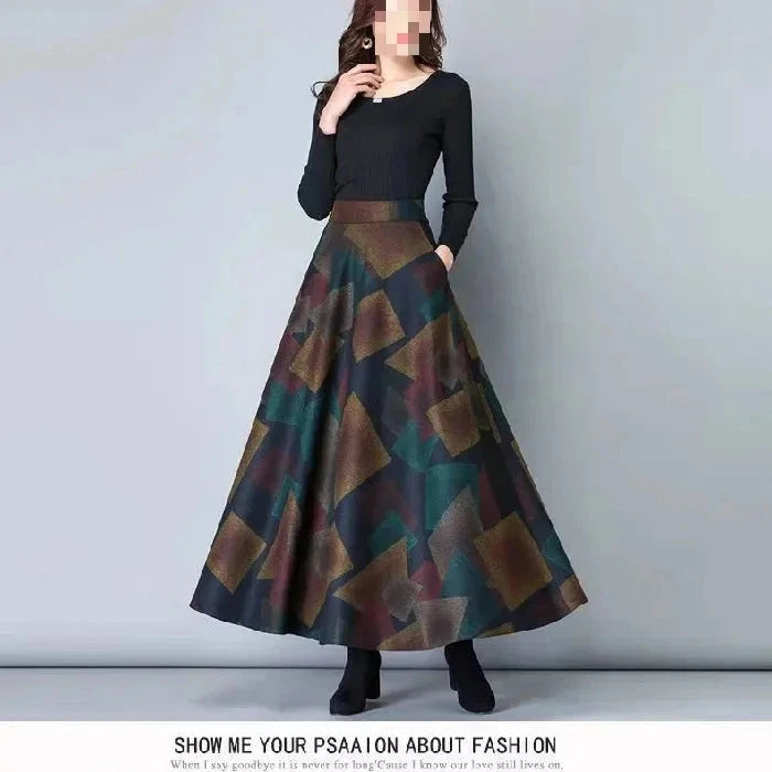Autumn Winter Plaid A- Line Midi Skirt Women's Retro plus Size High Waist Slimming Long Skirt Floral Embellished Fullness GlowCart