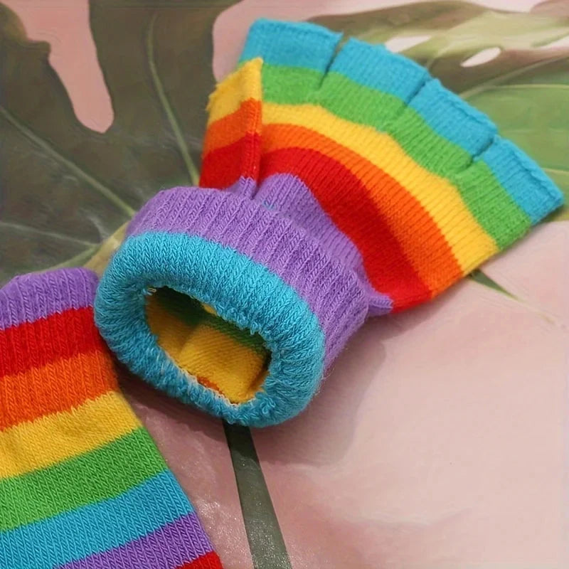 Rainbow Striped Knit Gloves, Thickened Warm Half-Finger GlowCart