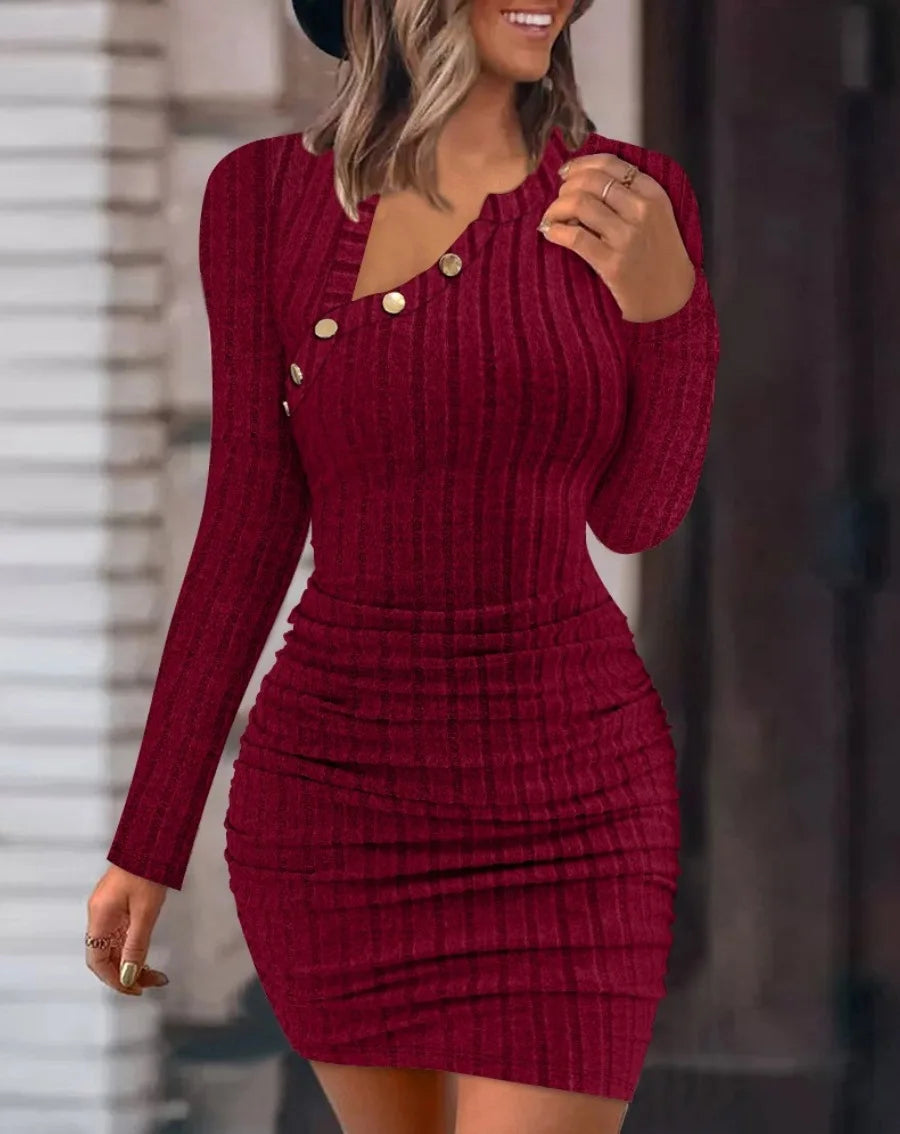 Button Crewneck Bodycon Dresses for Women Solid Color Ribbed Mini Wrap Dress Slim Fit Ruched Knitted Sweaters Dress GlowCart