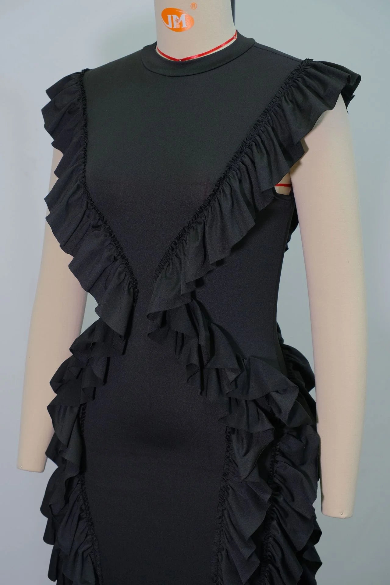 Women Plus Size Skinny Dress Round Neck Tassel Ruffle Hem