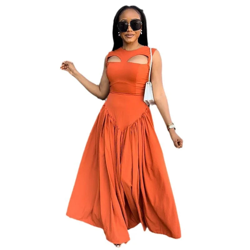 Dresses Pullover Hollow Solid O Neck Women Dress Sleeveless High Street Sexy Ankle Length Vestidos Loose Fit Shirring 2024 GlowCart