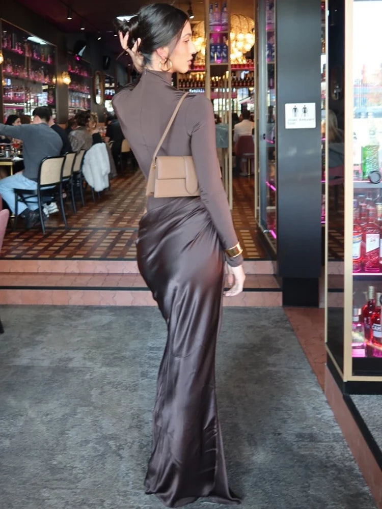 JULISSA MO Turtleneck Satin Sexy Hollow Out Zipper Women Maxi Dress Black Patchwork Long Sleeve Slim Elegant Party Evening Dress GlowCart