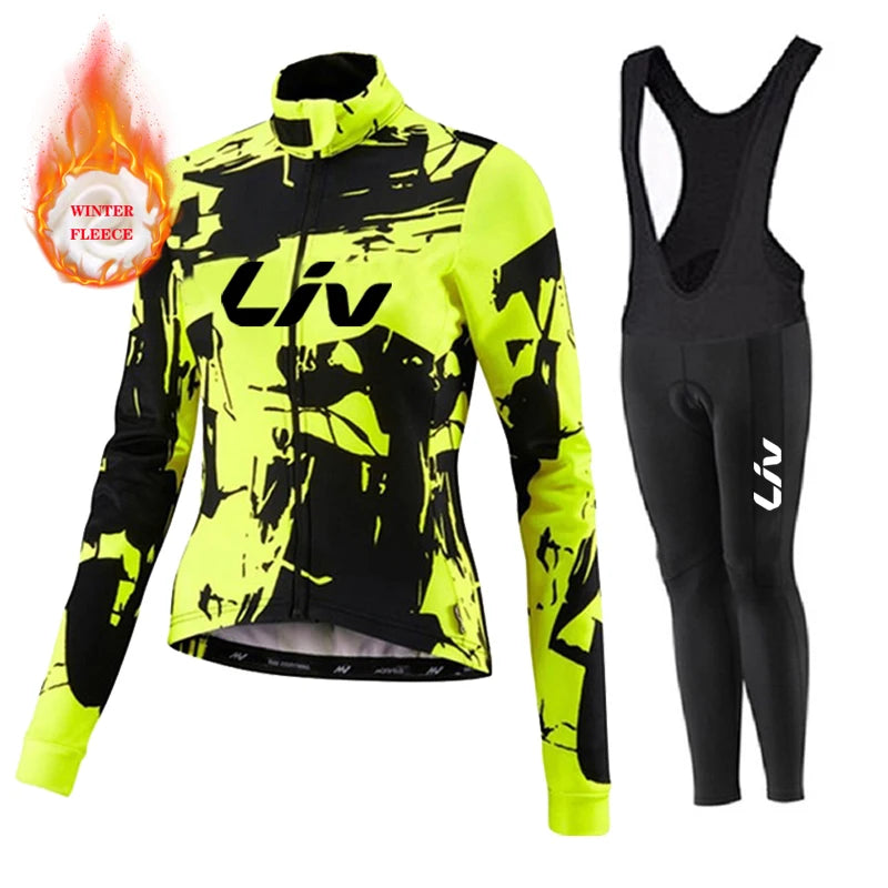 Liv Women Team Winter Fleece Long Sleeve Cycling Jersey Set Mountian Bicycle Clothes Wear Ropa Ciclismo Racing Bike Jersey Suit GlowCart