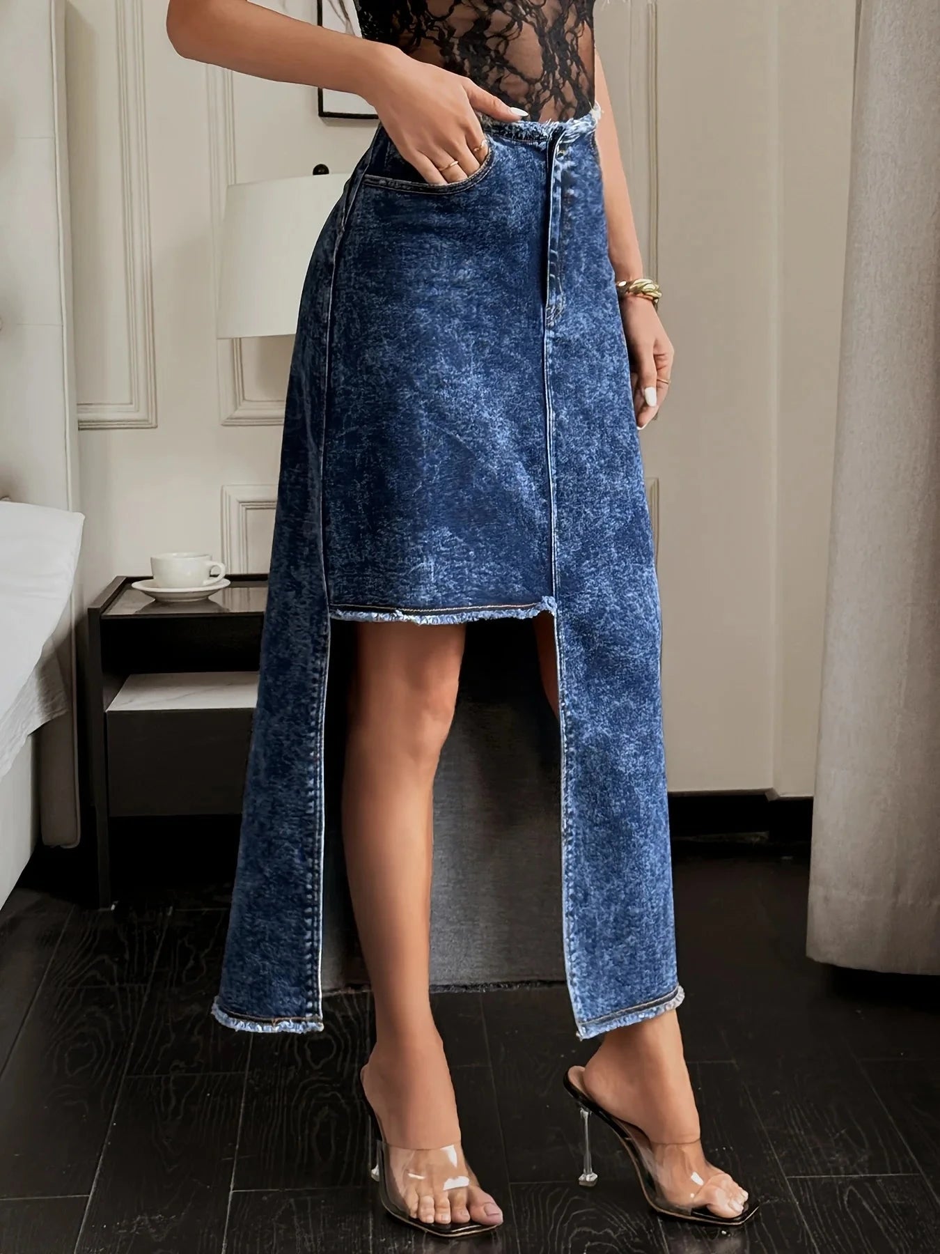 Women's High Waist Dark Blue Denim Skirt Front Split Hem Maxi Jean Skirt Vintage Wash Streetwear Fashion Clothing GlowCart