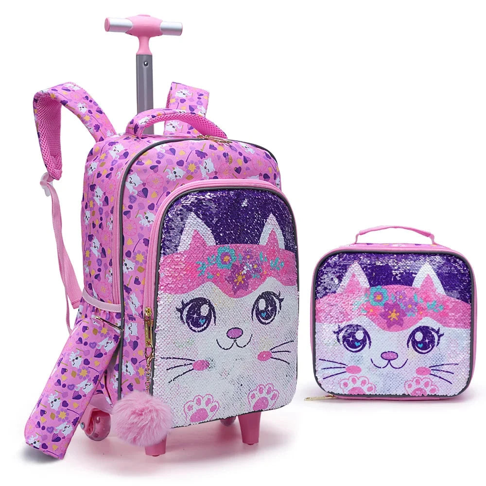 3PCS set Rolling Backpack For Girls, Cute Cartoon Cat Sequin Wheeled Bookbag For Elementary Students, With Lunch Box And Pen Bag GlowCart