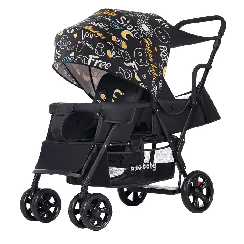 Baby Twin Stroller Removable Rear Seat 0-7 Years Old Double stroller One-key Folding Four-wheel Anti-skid Shock Absorption GlowCart