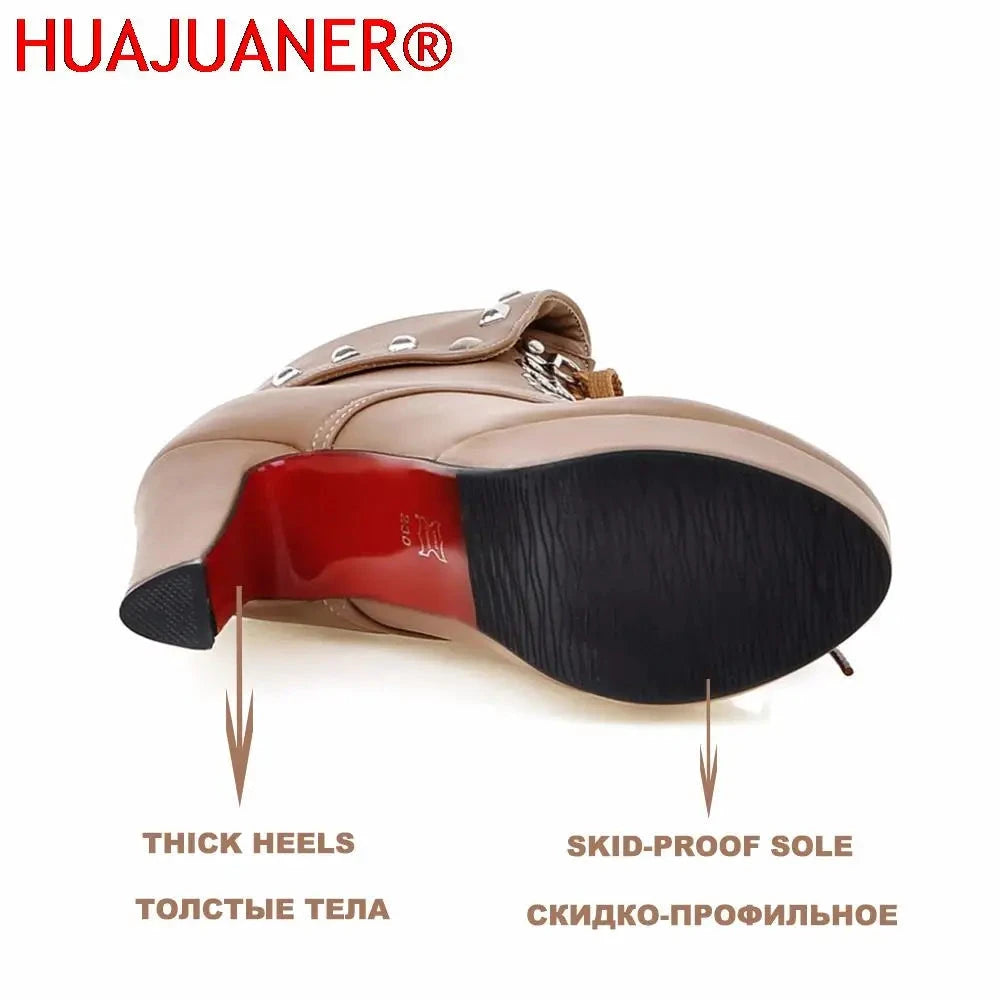 Winter Style Thick High Heels Rivets Lace Up Ankle Boots GlowCart