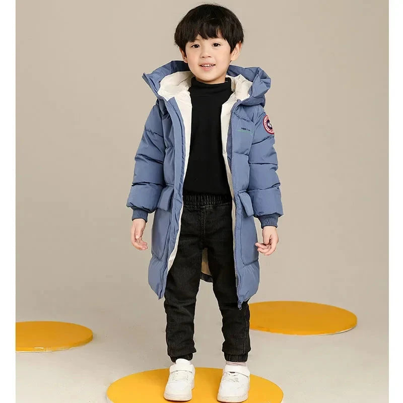 Winter New Teen Boys Jacket Long Style Solid Color Thick Keep Warm Hooded Windbreaker For 3-10 Years Kids Down Cotton Outwear GlowCart