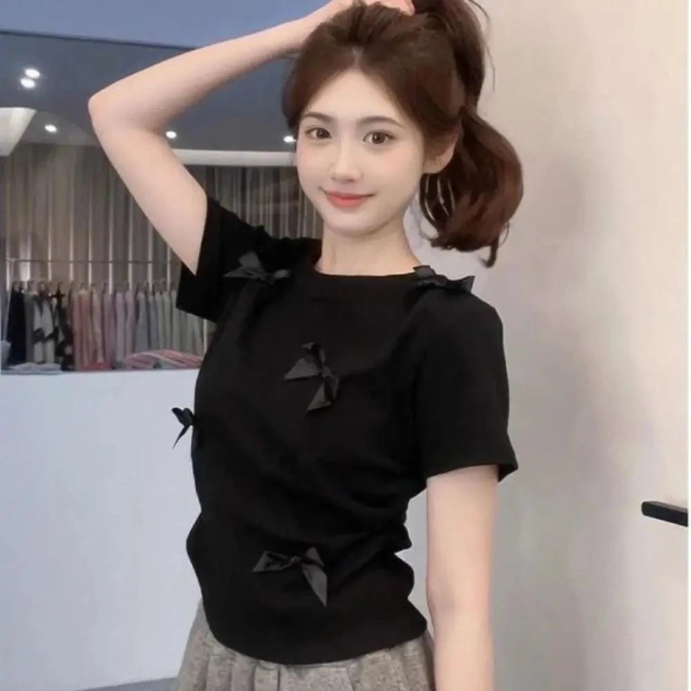 Elegant Ballet Bowknot T Shirts Round Collar Japanese Style GlowCart