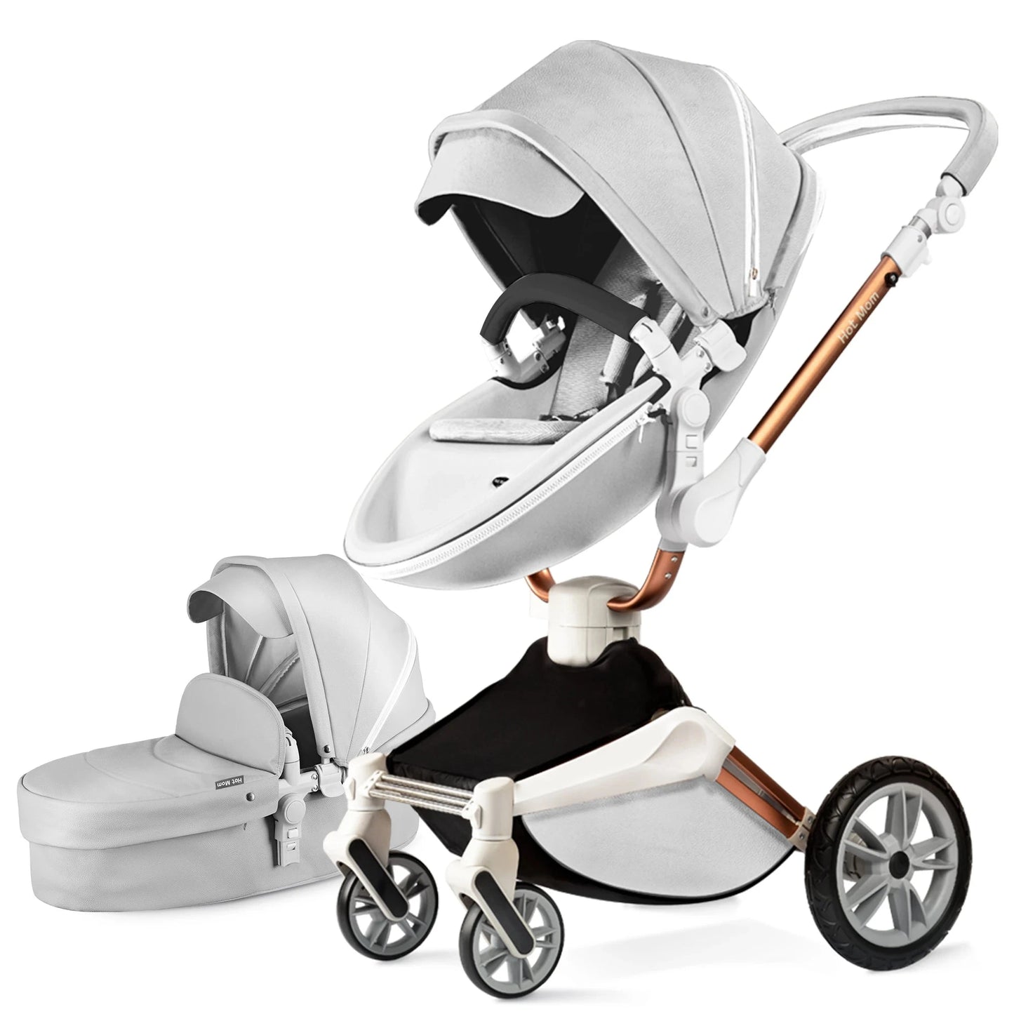 Hot Mom F023 Baby Stroller 2 in 1,Rotates 360 Degrees,PU Leather, Mosquito Net, Rain Cover, Adapter, Cup Holder, large wheels GlowCart