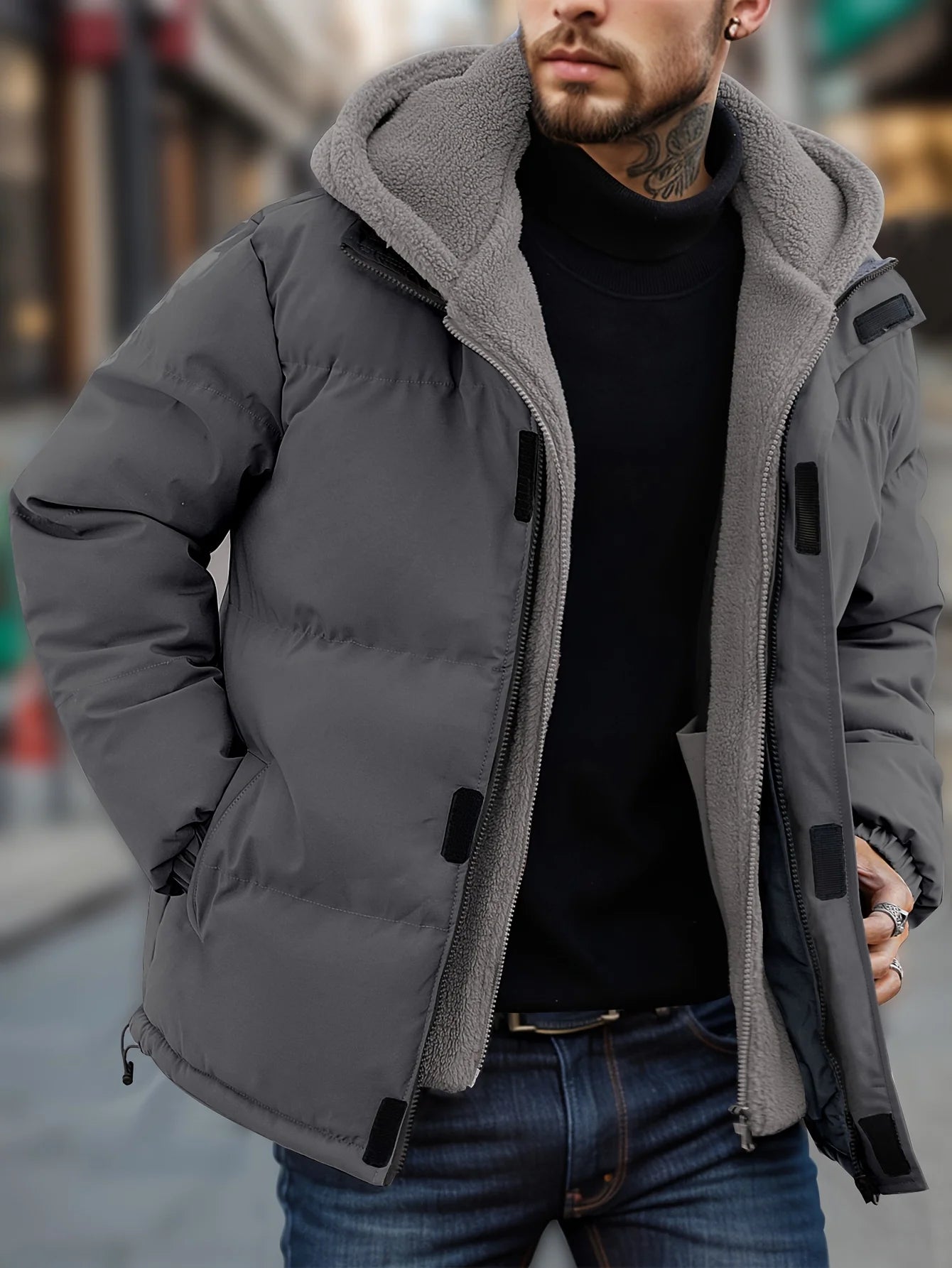 Winter Windproof Men's Faux Jacket Casual Polyester Coat with Detachable Hood Zip-Up Front Long Sleeves & Pockets Winter Clothes GlowCart