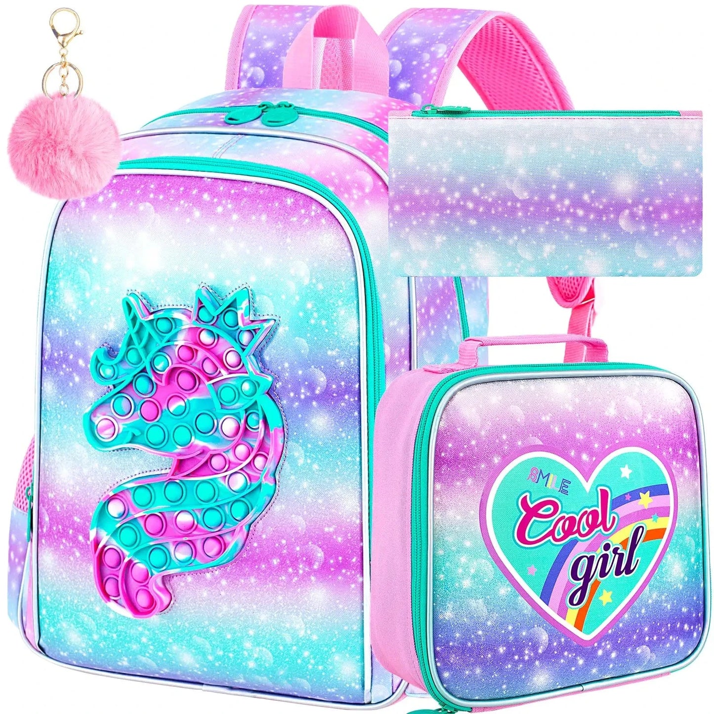 3PCS  Backpack for Girls, 16" Kids Backpacks with Lunch Box, Water Resistant Girl Bookbag for School Elementary GlowCart