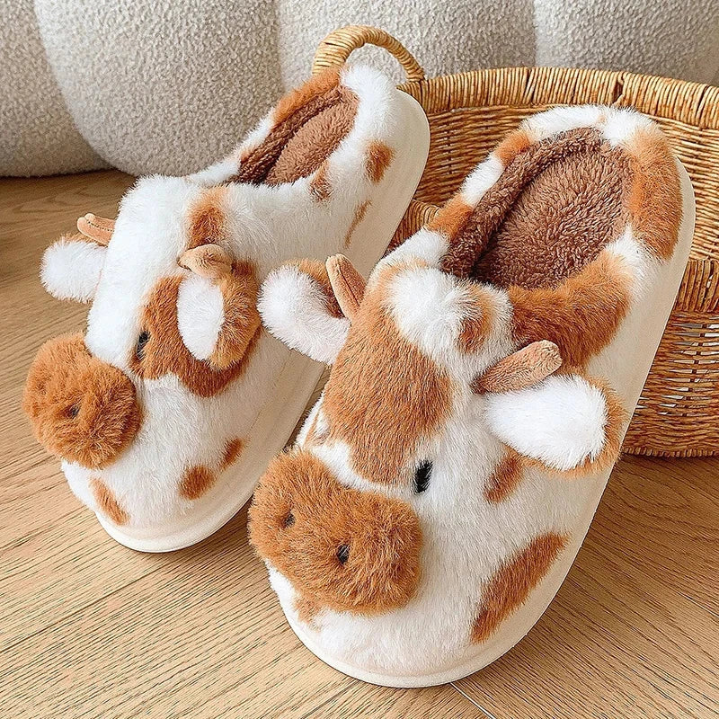 Women's Winter Warm Cartoon Cow Slippers Closed Toe Non Slip GlowCart